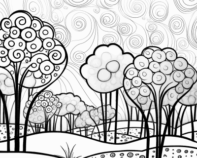 Розмальовка стилізованих дерев із круглими кронами зі спіралей і кружечків над пагорбами